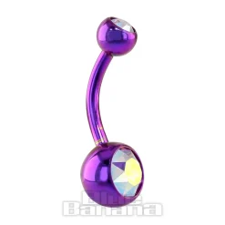 Blue Banana Purple Coloured Titanium 1.6mm Double Jewelled Navel Bar (Aurora Borealis)