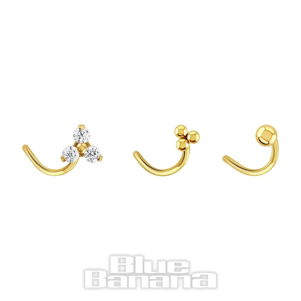 Blue Banana Pvd Gold 3 Pack Assorted Jewelled Nose Stud (Gold)