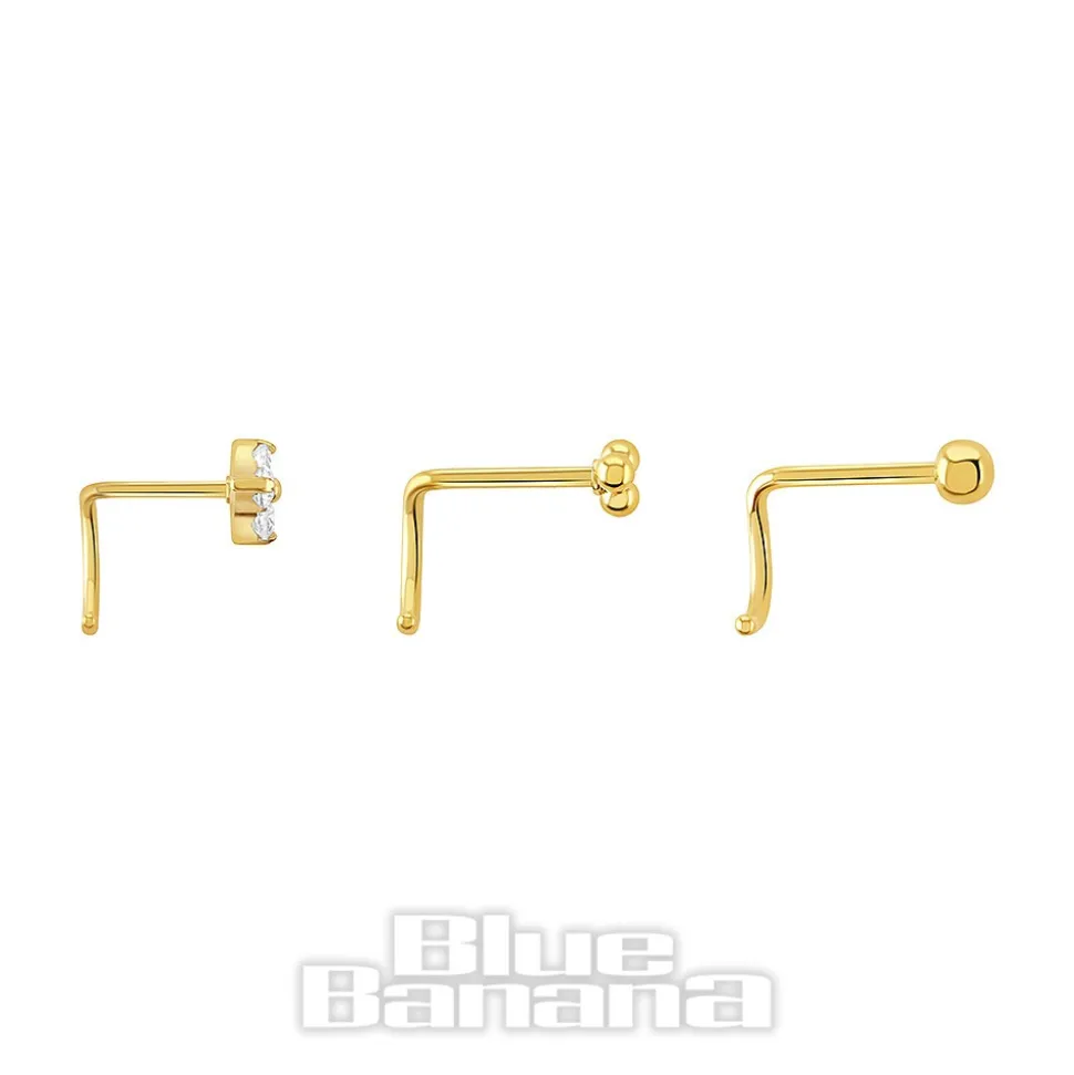 Blue Banana Pvd Gold 3 Pack Assorted Jewelled Nose Stud (Gold)