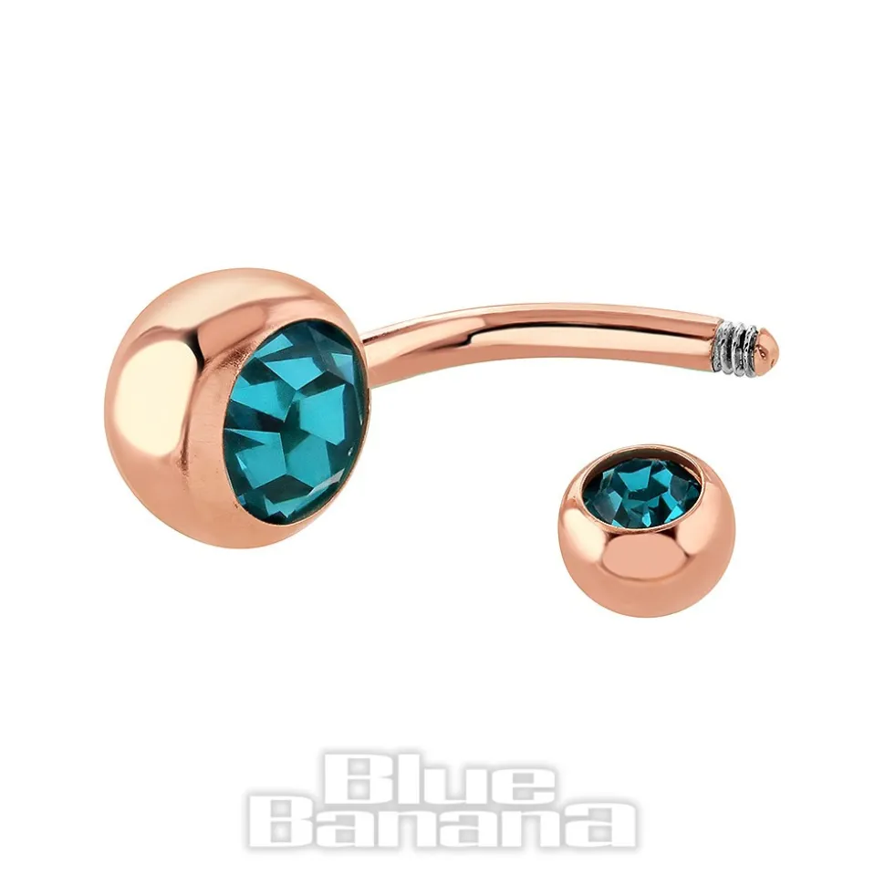 Blue Banana Rose Gold 1.6mm Double Jewelled Navel Bar (Zircon)