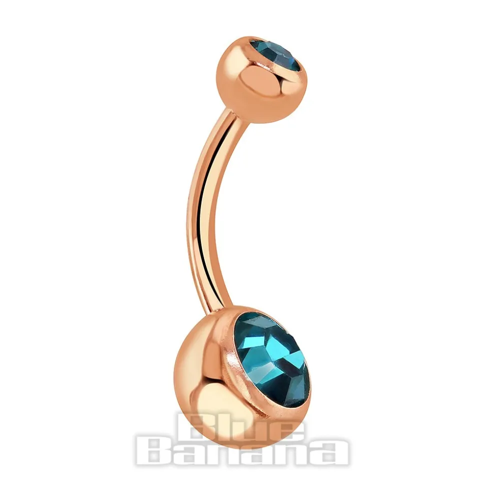 Blue Banana Rose Gold 1.6mm Double Jewelled Navel Bar (Zircon)