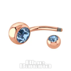 Blue Banana Rose Gold 1.6mm Double Jewelled Navel Bar (Aqua)