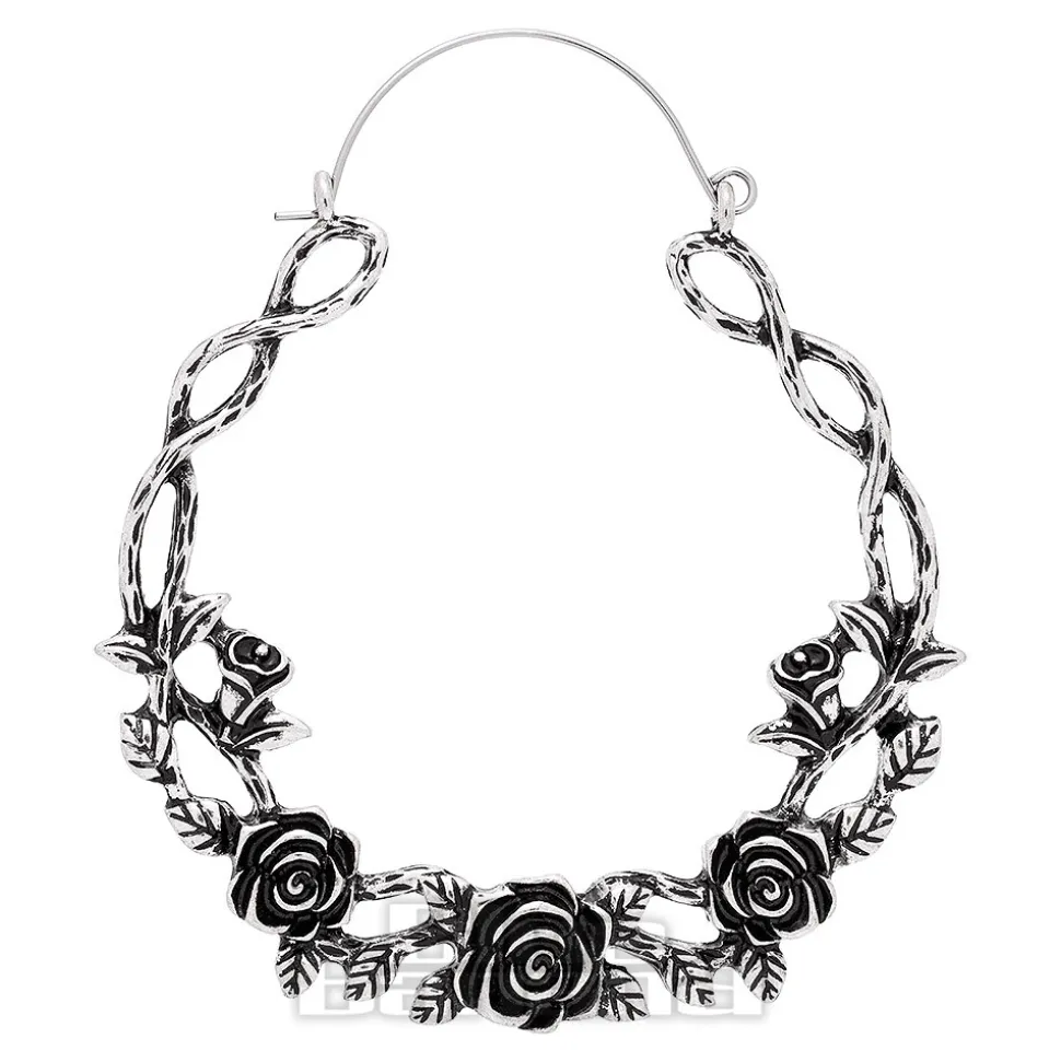 Blue Banana Rose Vine Plug Hoop Earrings (Silver)