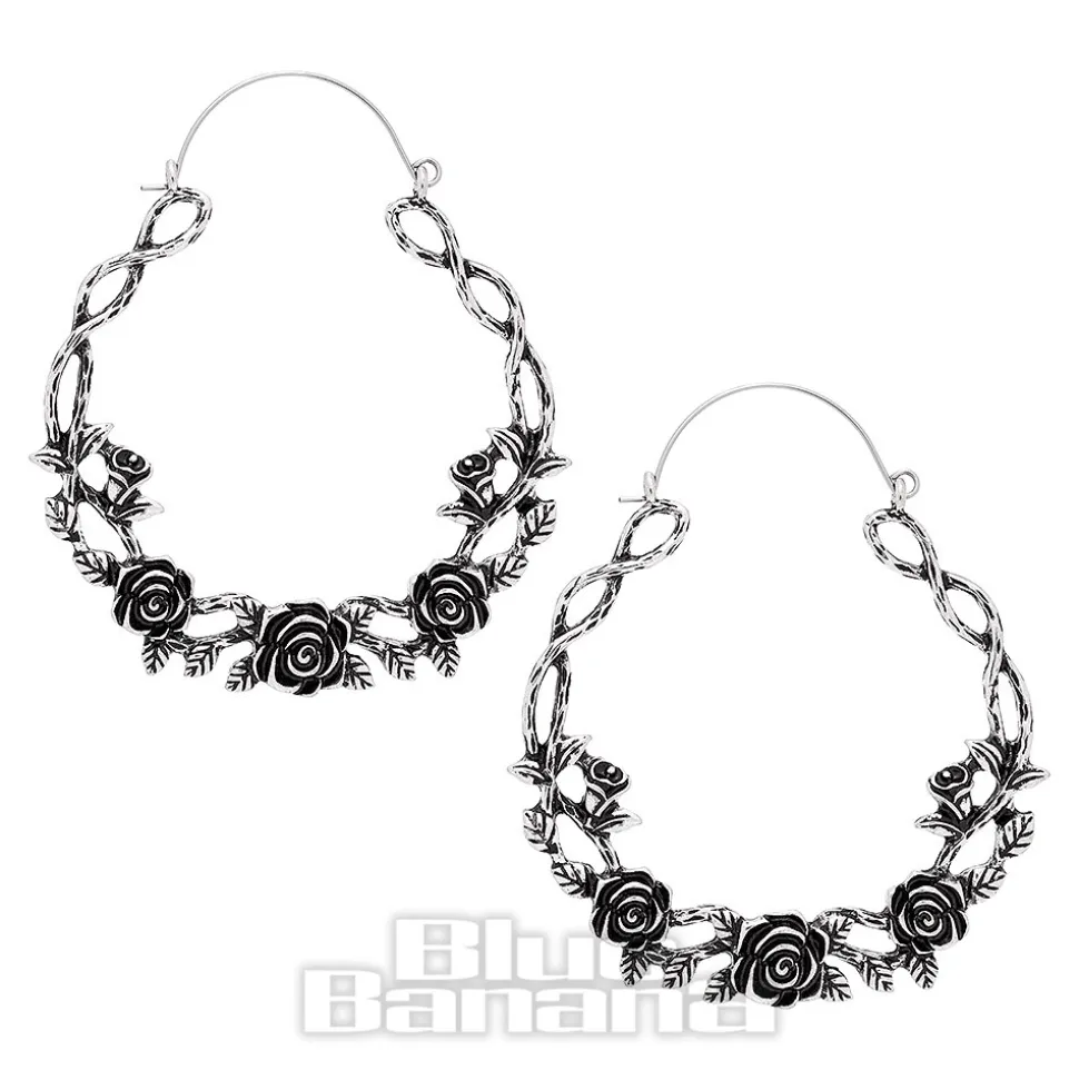 Blue Banana Rose Vine Plug Hoop Earrings (Silver)