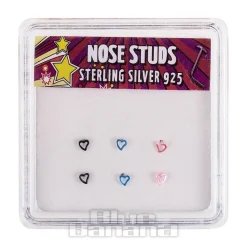 Blue Banana Silver 1.8mm Multicoloured Heart Nose Studs (Pack of 6)