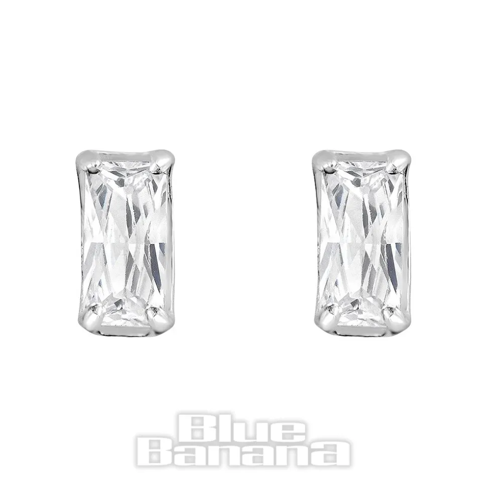 Blue Banana Silver Rectangle Crystal Ear Studs (Silver)