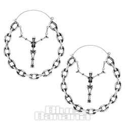 Blue Banana Skull & Chain Plug Hoop Earrings (Silver)