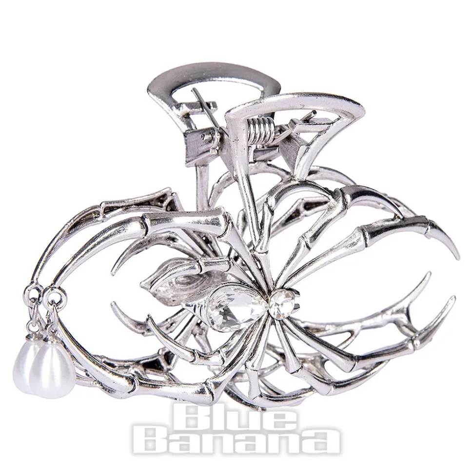 Blue Banana Spider & Pearl Hair Clip (Silver)
