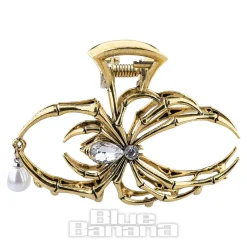 Blue Banana Spider & Pearl Hair Clip (Antique Gold)