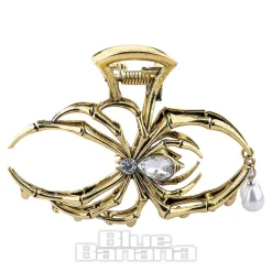 Blue Banana Spider & Pearl Hair Clip (Antique Gold)