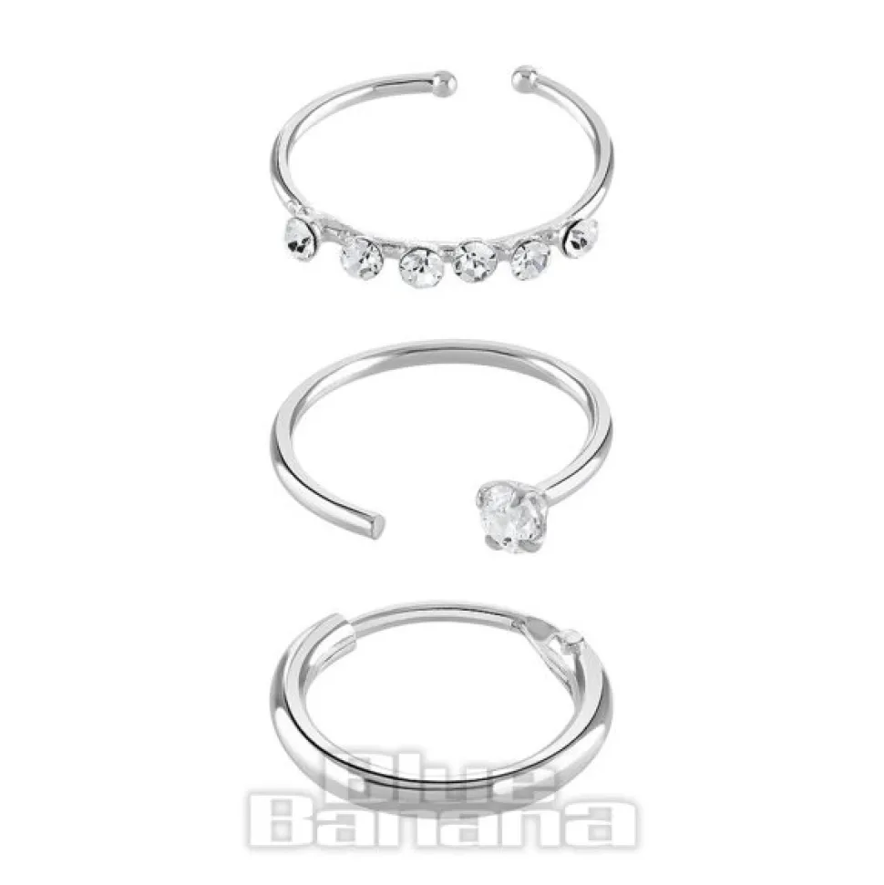 Blue Banana Sterling Silver Assorted Nose Rings (3 Pack)