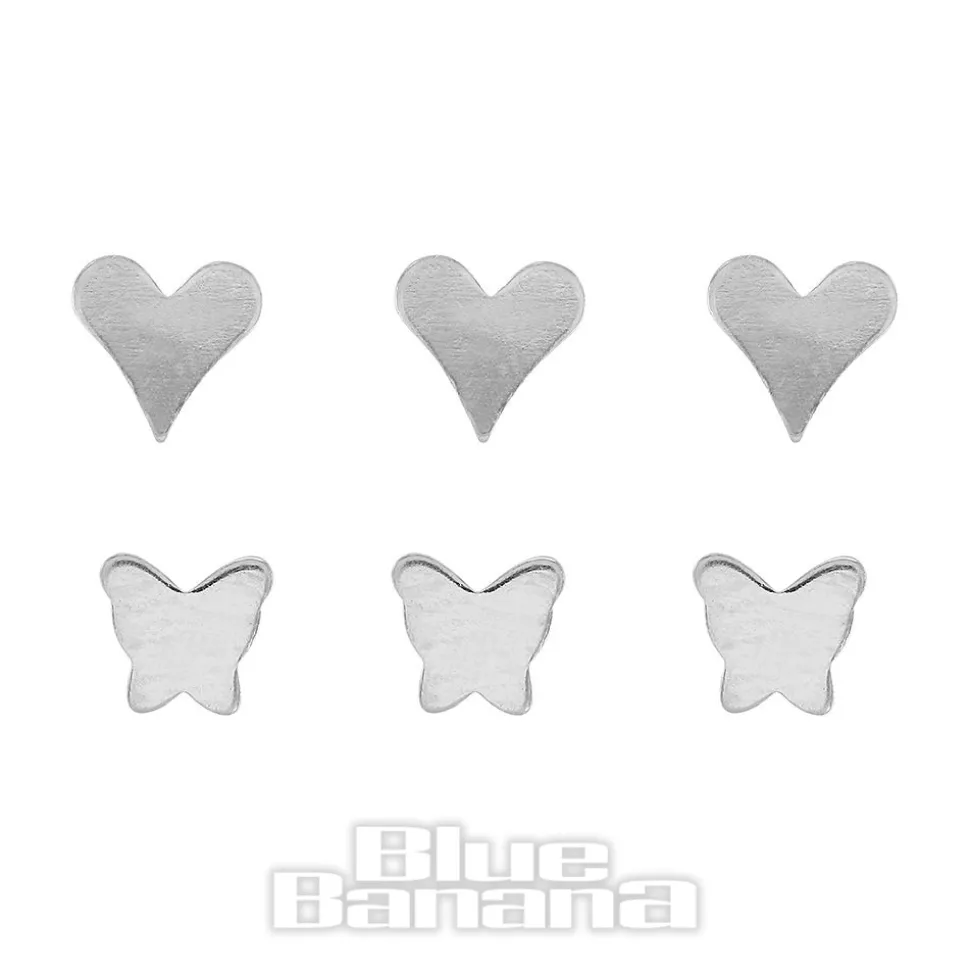 Blue Banana Sterling Silver Butterfly Heart Nose Studs (6 Pack)