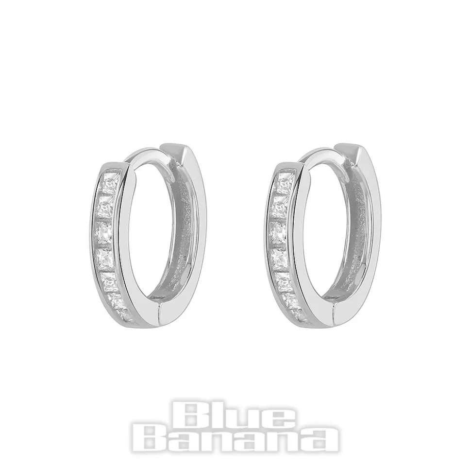 Blue Banana Sterling Silver Medium Crystal Row Clicker Hoops (Pair)