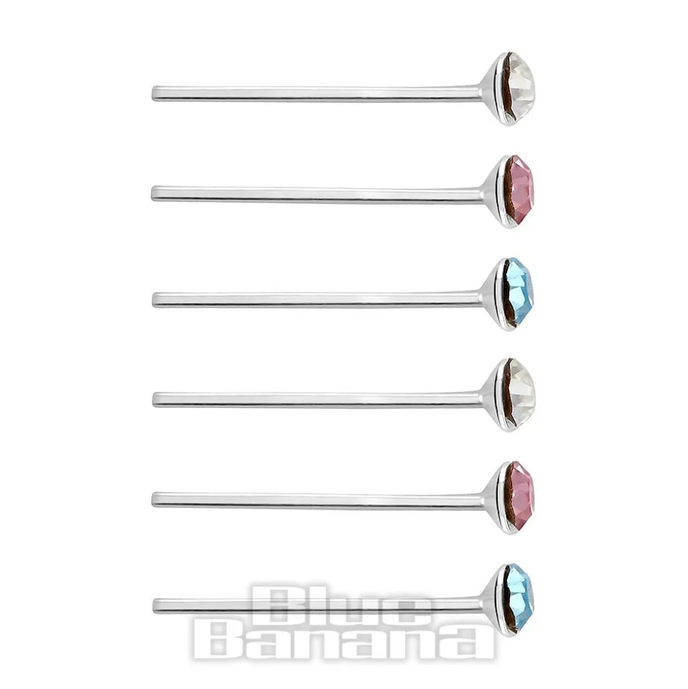 Blue Banana Sterling Silver 2.0mm Crystal/Pink/Aqua Nose Studs (6 Pack)