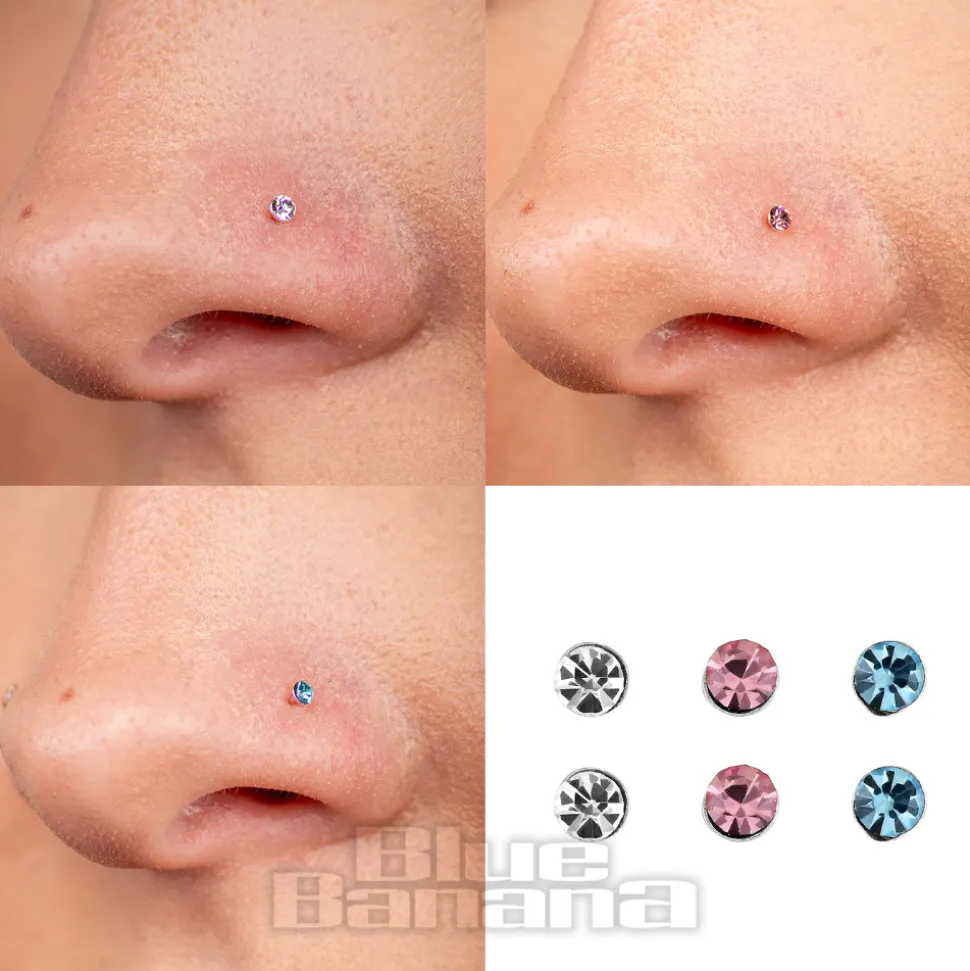 Blue Banana Sterling Silver 2.0mm Crystal/Pink/Aqua Nose Studs (6 Pack)