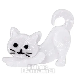 Blue Banana Stretching Cat Brooch (White)