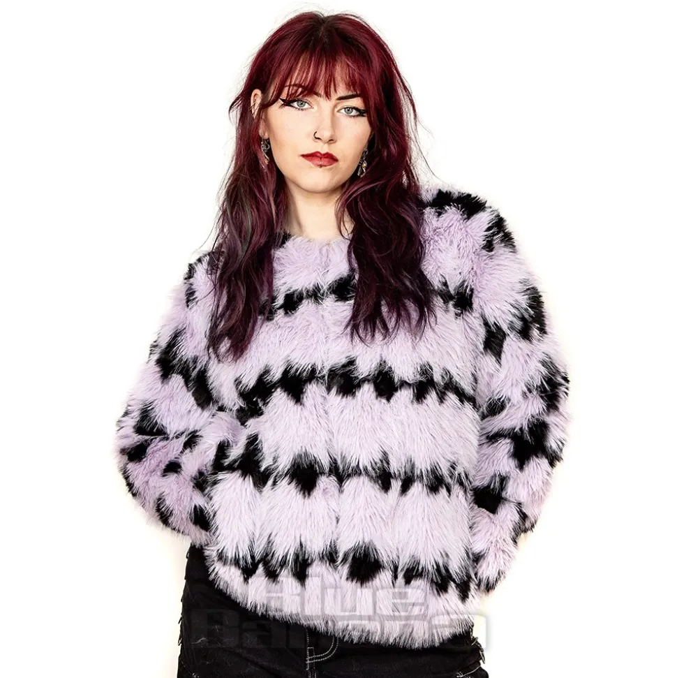 Blue Banana Striped Faux Fur Coat (Lilac/Black)