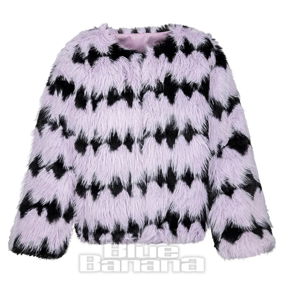 Blue Banana Striped Faux Fur Coat (Lilac/Black)
