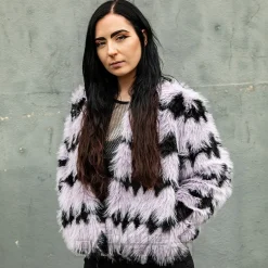 Blue Banana Striped Faux Fur Coat (Lilac/Black)