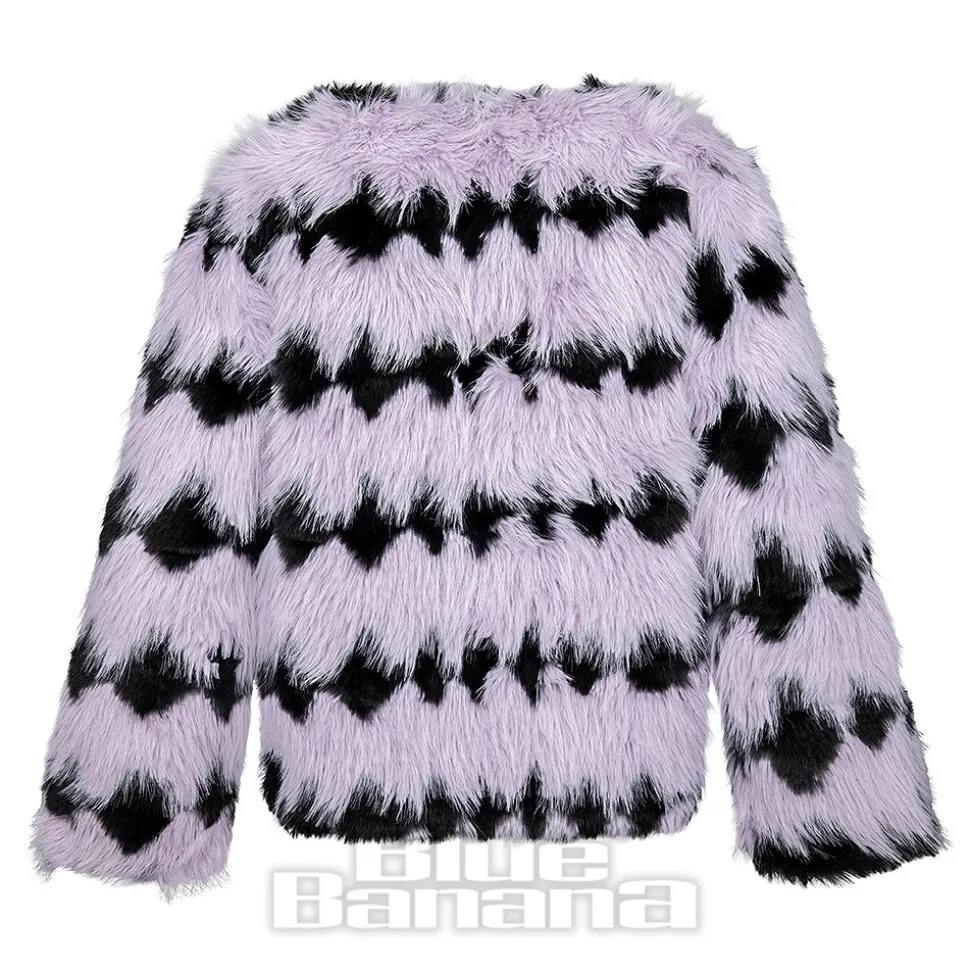 Blue Banana Striped Faux Fur Coat (Lilac/Black)