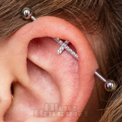 Blue Banana Surgical Steel Cross Crystal Industrial Bar (Silver)
