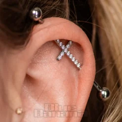 Blue Banana Surgical Steel Cross Crystal Industrial Bar (Silver)