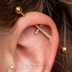 Blue Banana Surgical Steel Cross Crystal Industrial Bar (Gold)