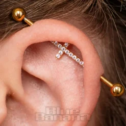 Blue Banana Surgical Steel Cross Crystal Industrial Bar (Gold)