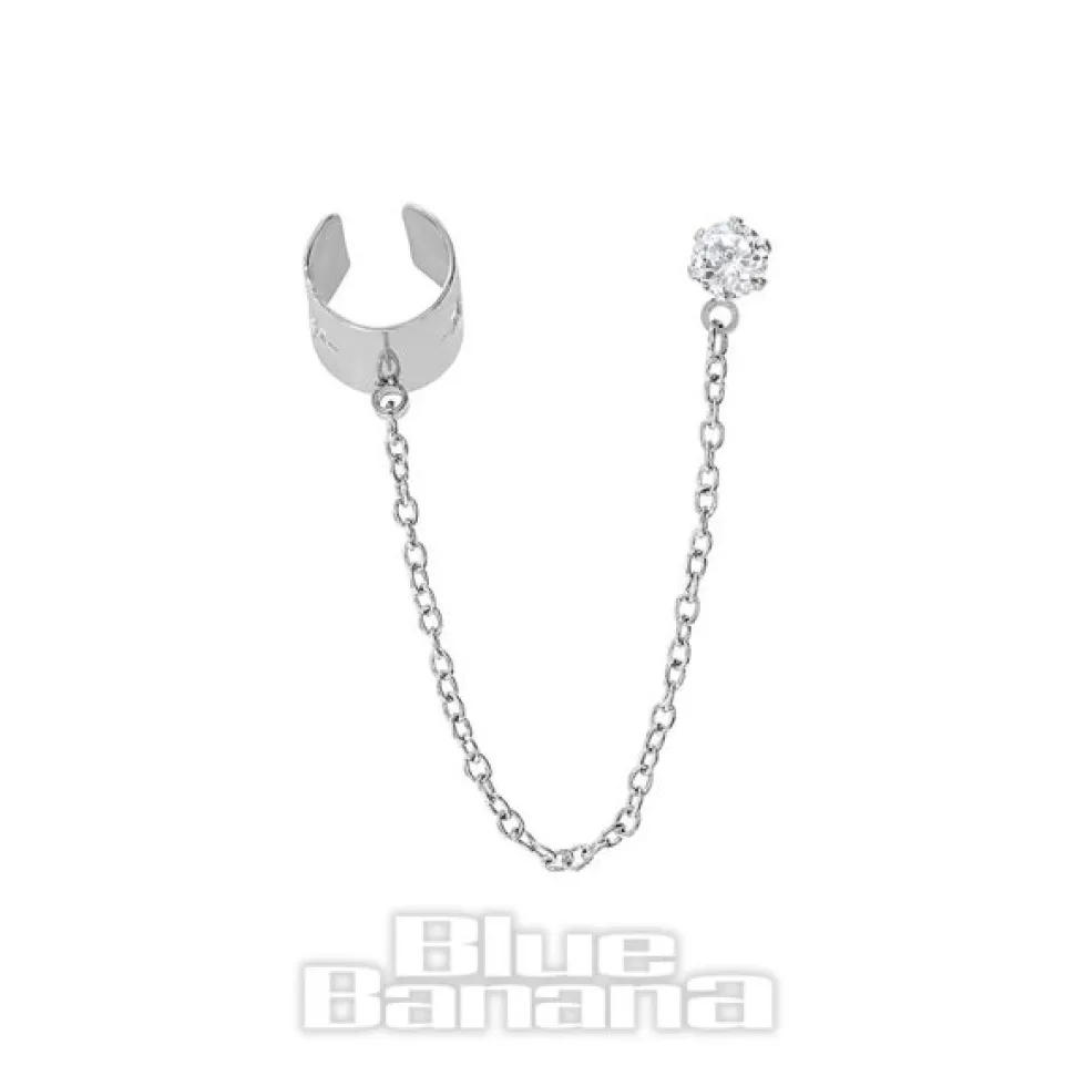 Blue Banana Surgical Steel Crystal Round Cuff Ear Chain (Silver)