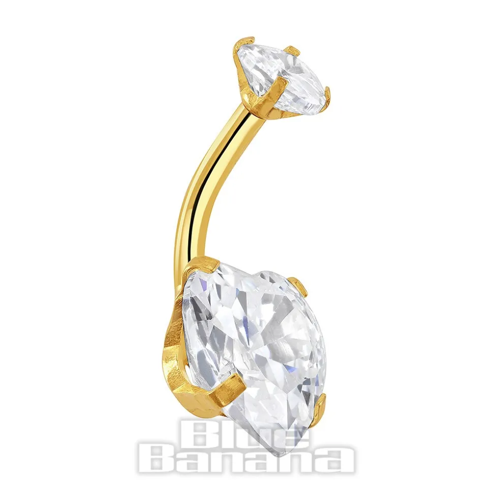 Blue Banana Surgical Steel Cubic Zirconia Heart Navel Bar (Gold)