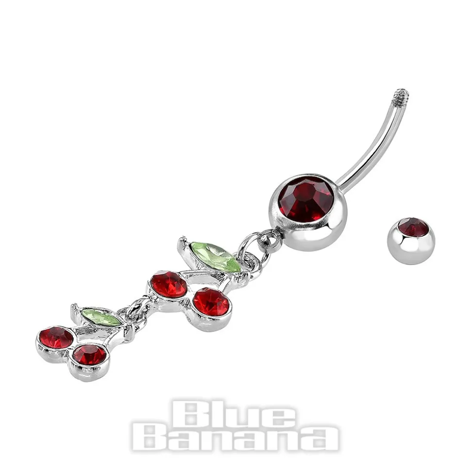 Blue Banana Surgical Steel 1.6mm Cherry Jewelled Navel Bar (Red)