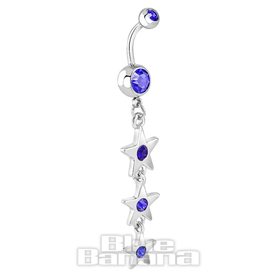 Blue Banana Surgical Steel 1.6mm Stars Drop Navel Bar (Blue Zircon)