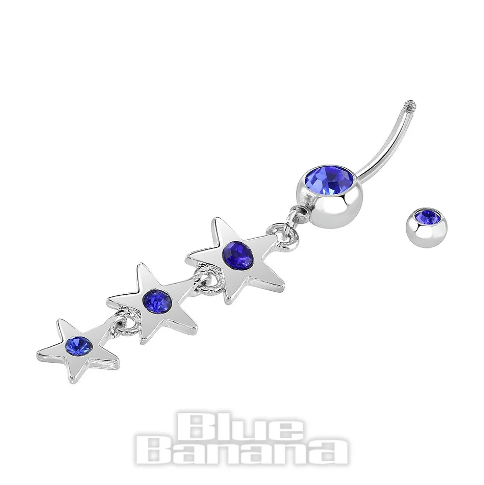 Blue Banana Surgical Steel 1.6mm Stars Drop Navel Bar (Blue Zircon)