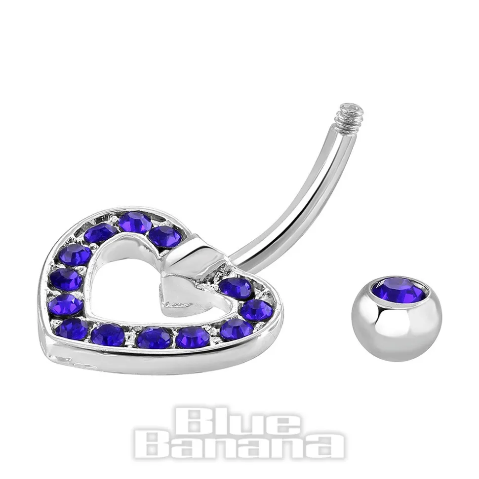 Blue Banana Surgical Steel 1.6mm Heart Navel Bar (Blue Zircon)