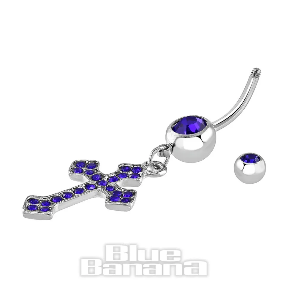 Blue Banana Surgical Steel 1.6mm Cross Navel Bar (Blue Zircon)