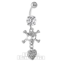 Blue Banana Surgical Steel 1.6mm Skull & Crossbones Navel Bar (Crystal)