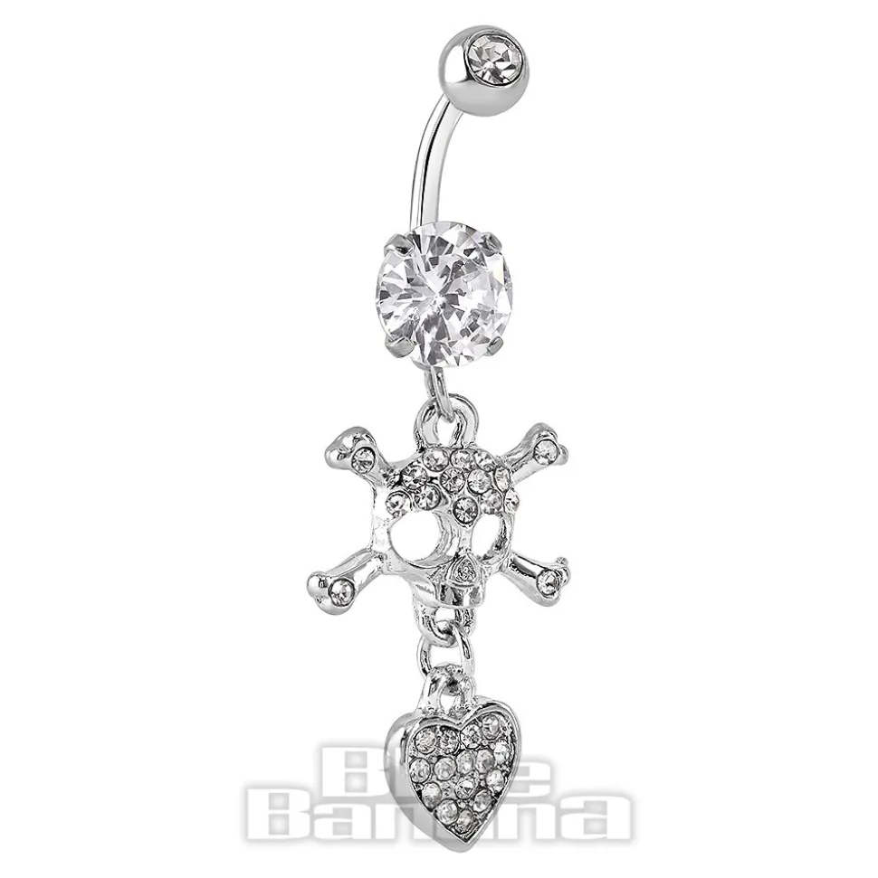 Blue Banana Surgical Steel 1.6mm Skull & Crossbones Navel Bar (Crystal)