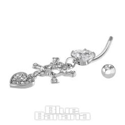 Blue Banana Surgical Steel 1.6mm Skull & Crossbones Navel Bar (Crystal)