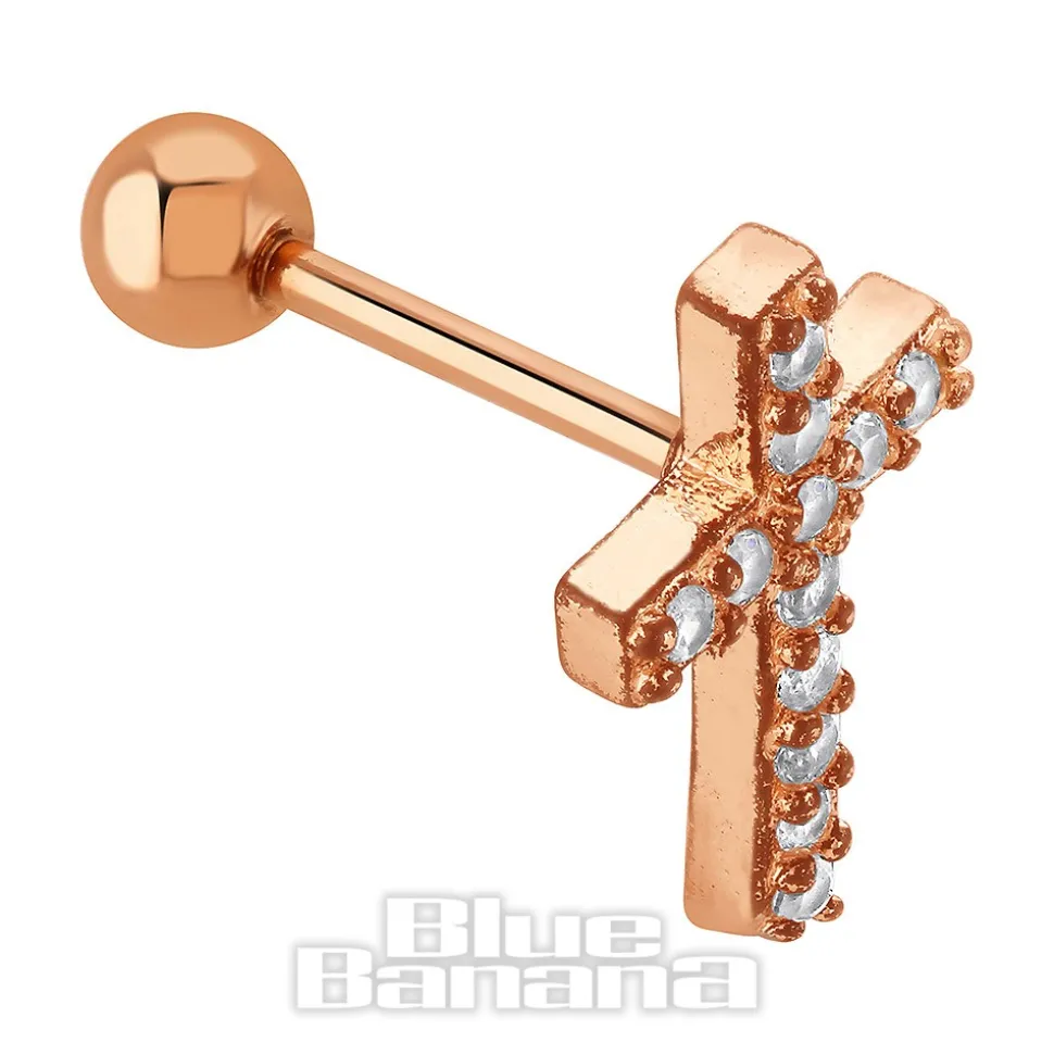 Blue Banana Surgical Steel 1.0mm Crystal Cross Tragus Stud (Gold)