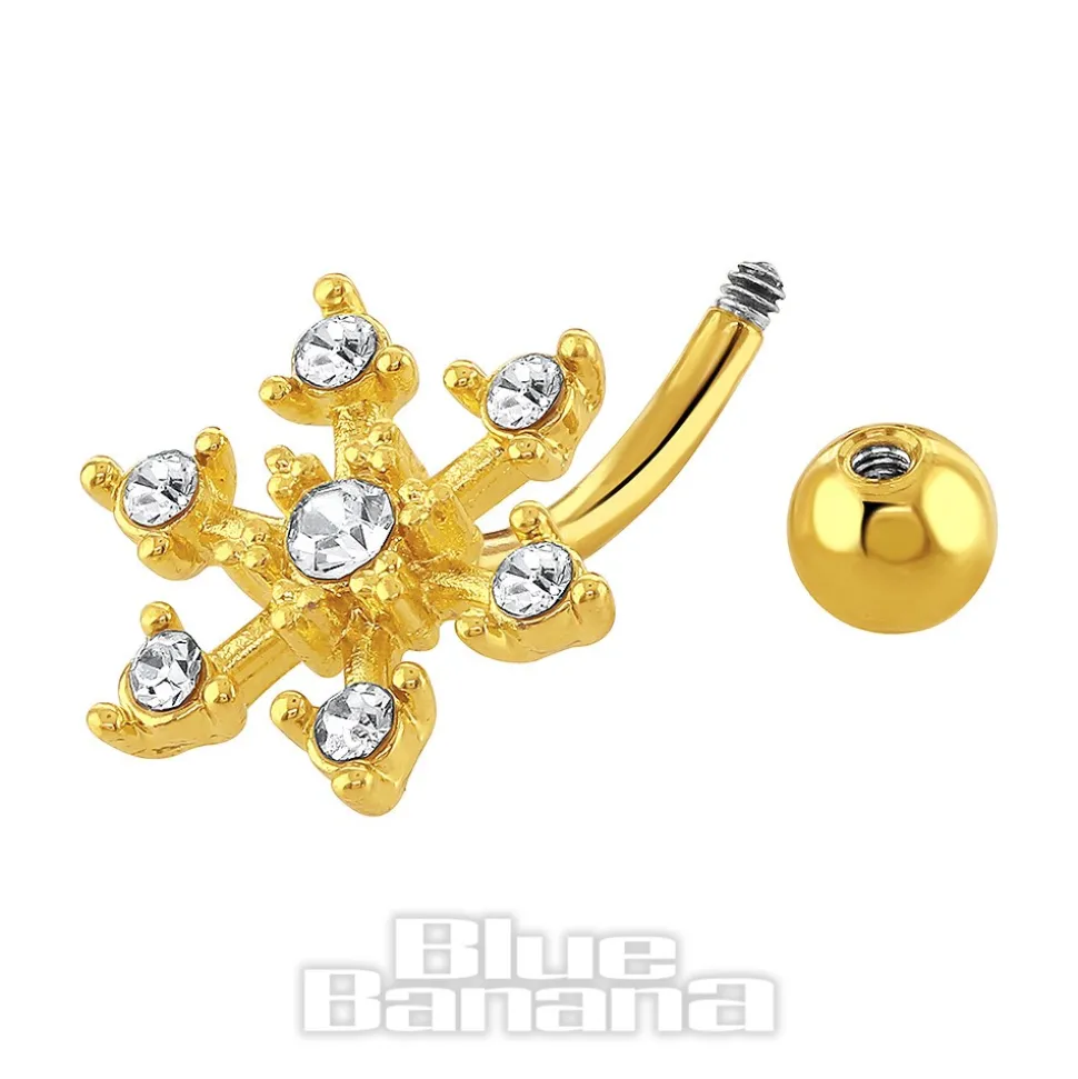 Blue Banana Surgical Steel 1.6 x 10mm 7 Stones Flower Navel Bar (Gold)