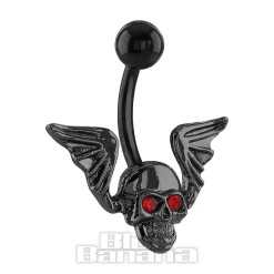 Blue Banana Surgical Steel 1.6 x 10mm Skull & Wings Navel Bar (Black)