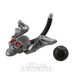 Blue Banana Surgical Steel 1.6 x 10mm Skull & Wings Navel Bar (Black)