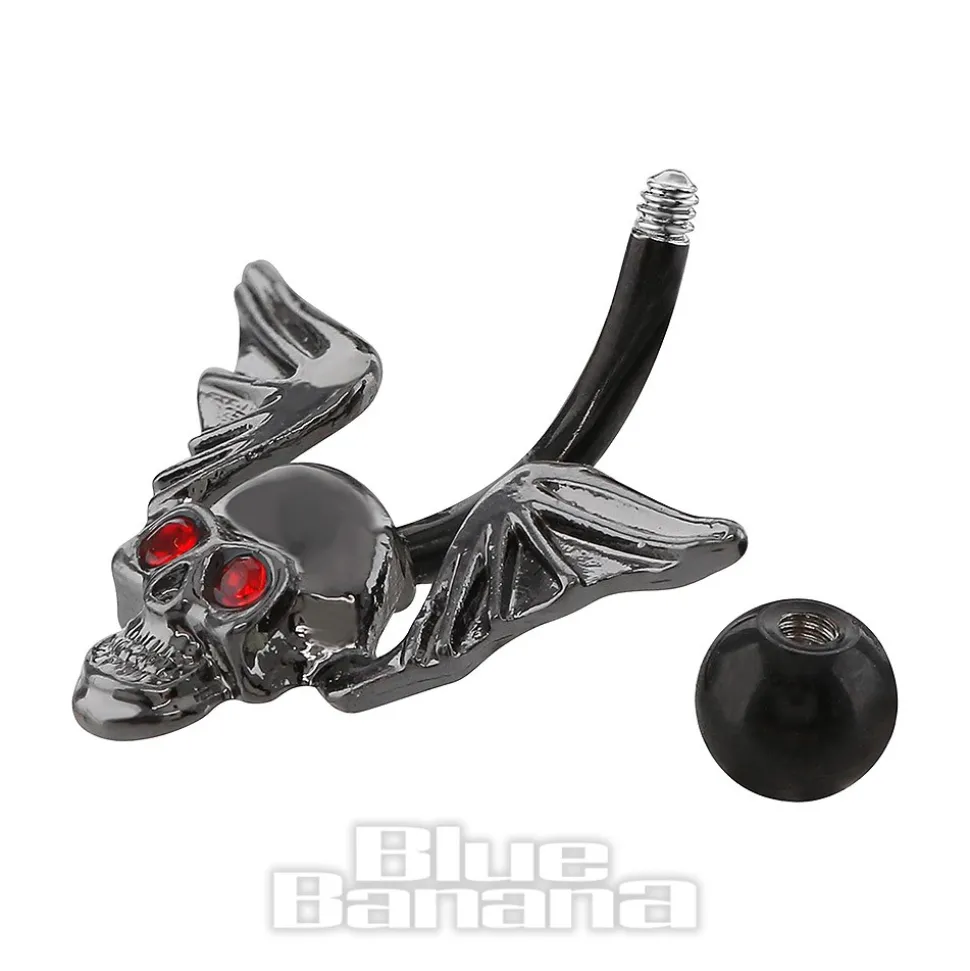Blue Banana Surgical Steel 1.6 x 10mm Skull & Wings Navel Bar (Black)