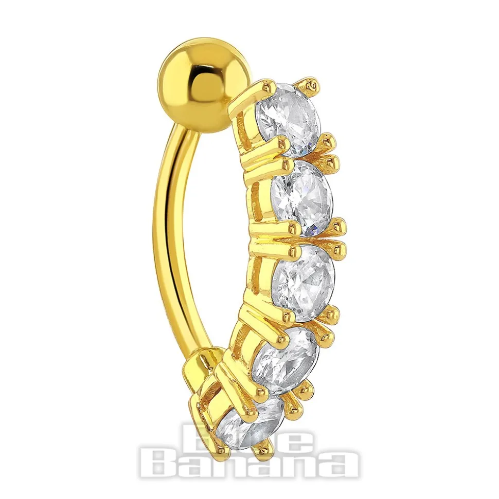 Blue Banana Surgical Steel 1.6 x 10mm 5 Stones Row Navel Bar (Gold)