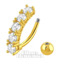 Blue Banana Surgical Steel 1.6 x 10mm 5 Stones Row Navel Bar (Gold)