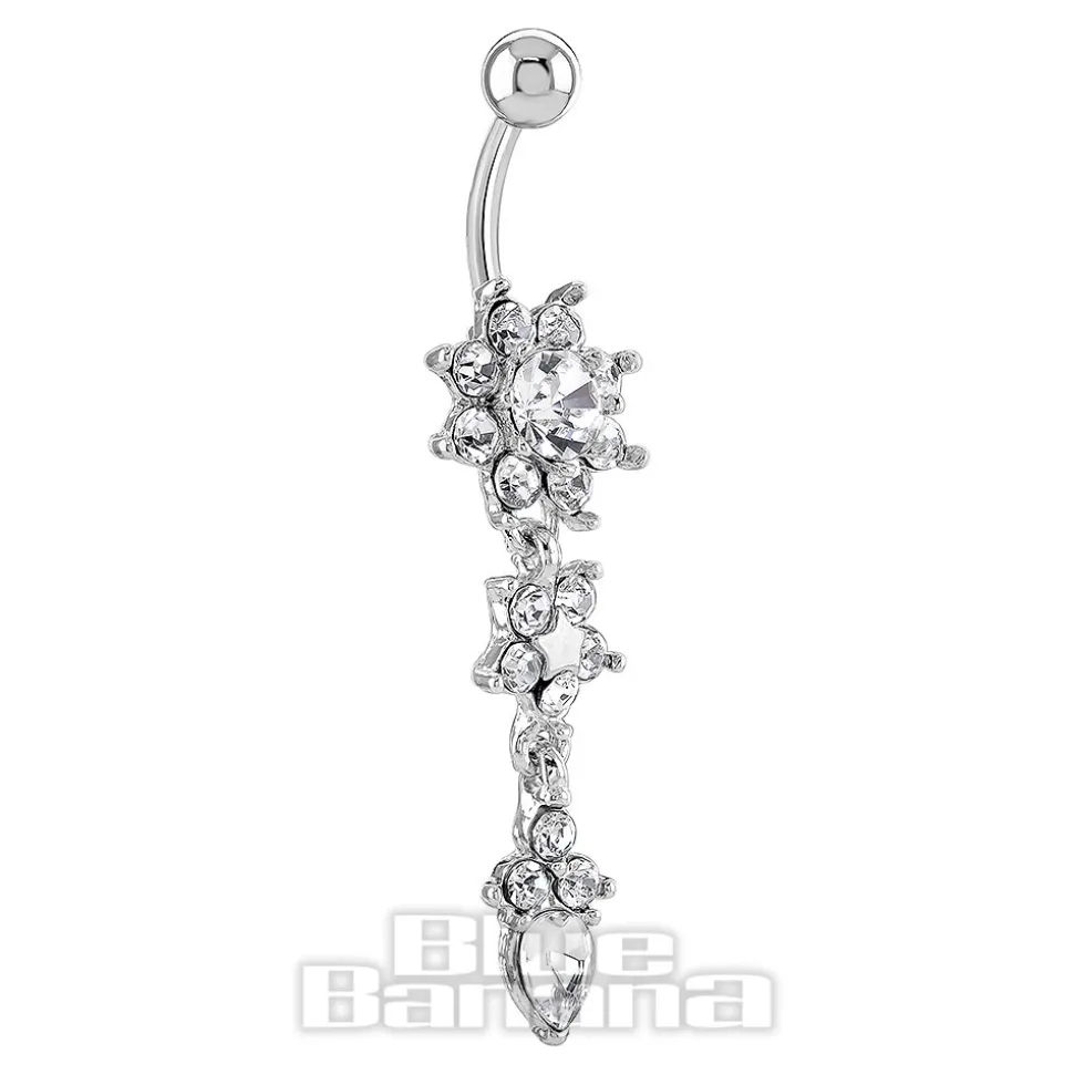 Blue Banana Surgical Steel 1.6 x 10mm 3 Flower Navel Bar (Crystal)