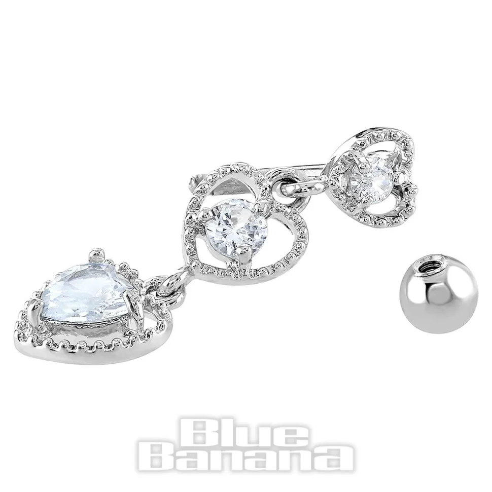 Blue Banana Surgical Steel 1.6 x 10mm 3 Hearts Navel Bar (Silver)