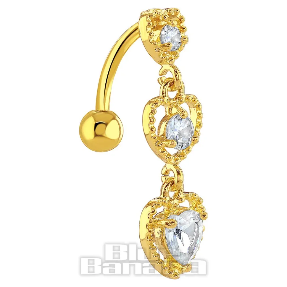 Blue Banana Surgical Steel 1.6 x 10mm 3 Hearts Navel Bar (Gold)