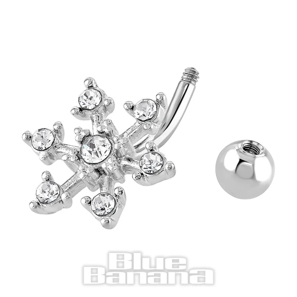 Blue Banana Surgical Steel 1.6 x 10mm 7 Stones Flower Navel Bar (Silver)