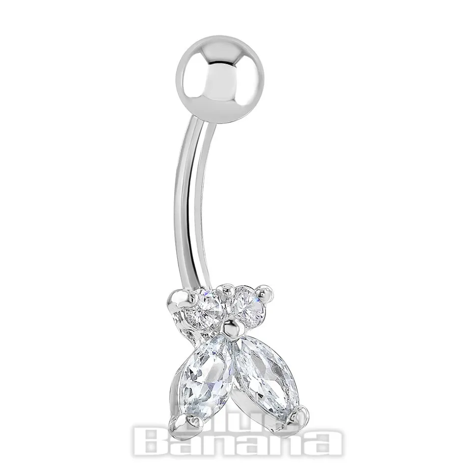 Blue Banana Surgical Steel 1.6 x 10mm 4 Stones Butterfly Navel Bar (Silver)